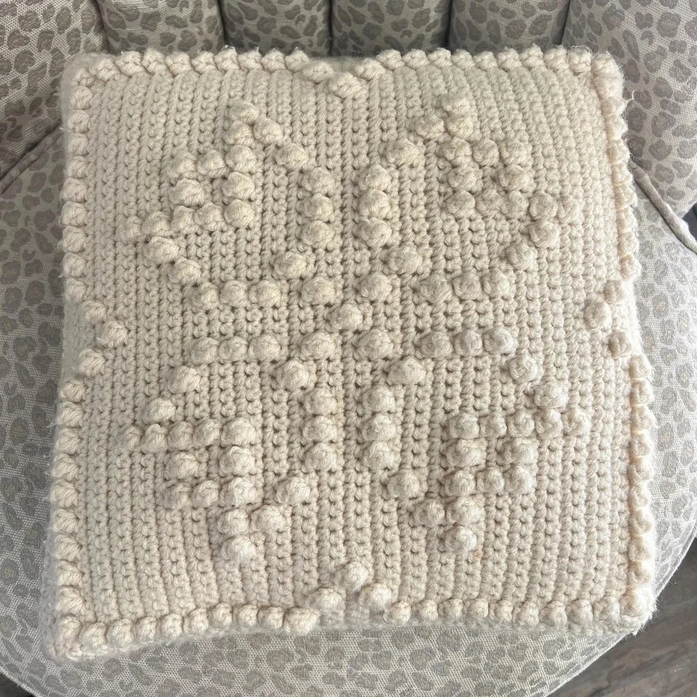 Handmade Crochet Tulip Pillow Cream Bobble Stitch Farmhouse Cottage Decor 13x13
